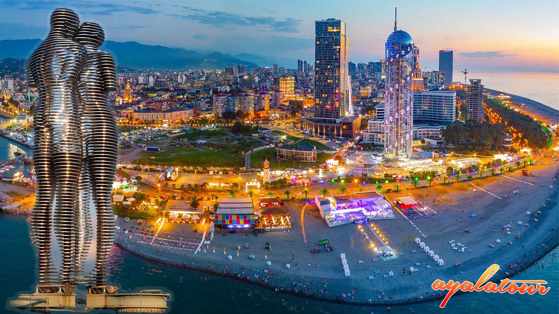 Ali ve Nino Heykeli gece Batum manzarası, Batum sahilinde ışıklandırılmış şehir görünümü